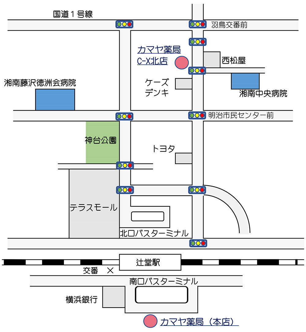 カマヤ薬局までの地図・アクセスマップ